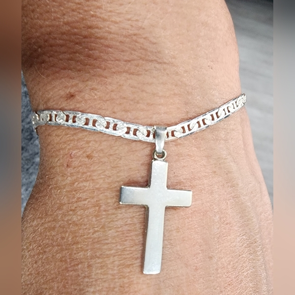 925 sterling diamond cut bracelet with removable 925 solid cross - Picture 3 of 8